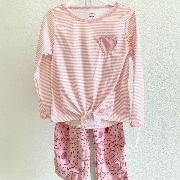 Carter's Toddler Girls Heart Striped Pajama 2 Piece Set Size 4T Long Sleeves - Picture 2 of 5